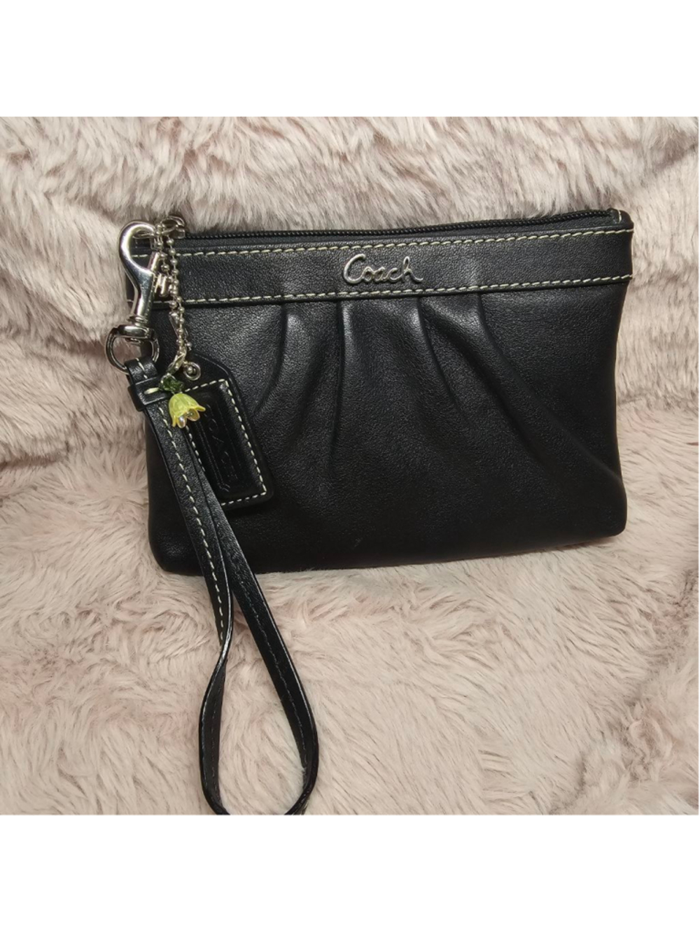 Coach Black Pleated Leather Wristlet with Flower Charm